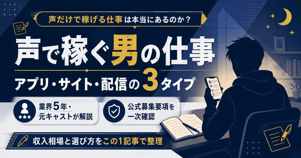 声で稼ぐ男の仕事にはアプリ・サイト・配信の3タイプがあることを示すアイキャッチ図解