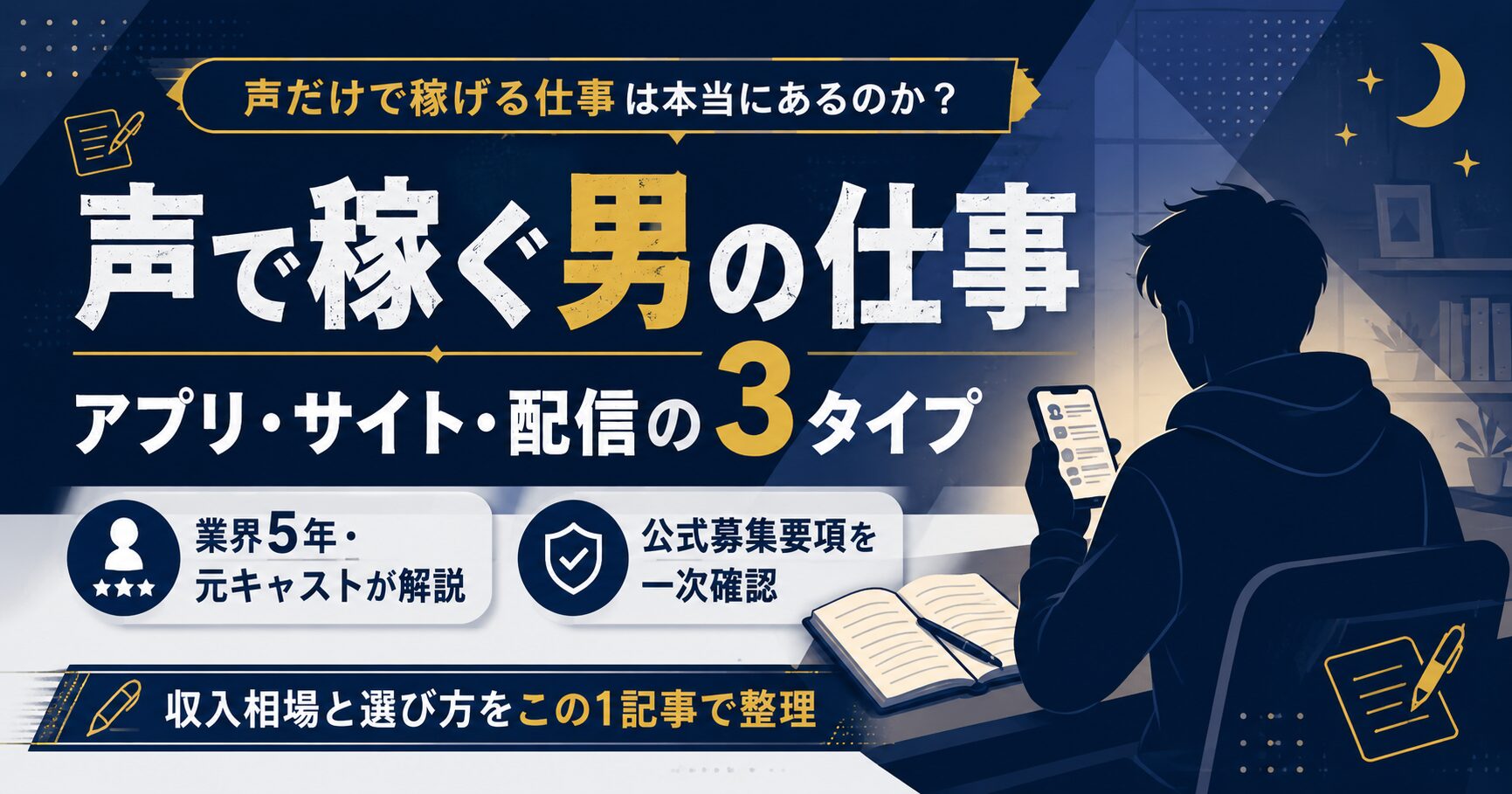 声で稼ぐ男の仕事にはアプリ・サイト・配信の3タイプがあることを示すアイキャッチ図解
