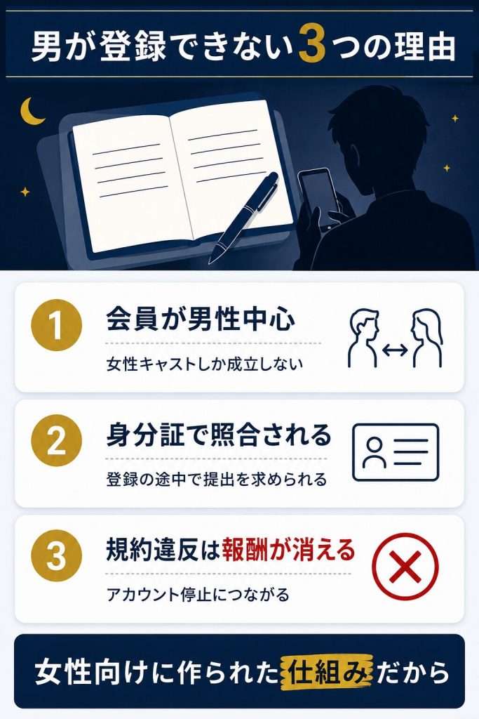 男性がメールレディに登録できない3つの理由を会員構成・本人確認・規約の面から示した図解