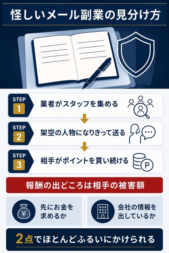 メール副業の募集が成り立つ3段階の構造と、応募前に確認する2つの判断軸を示した図解