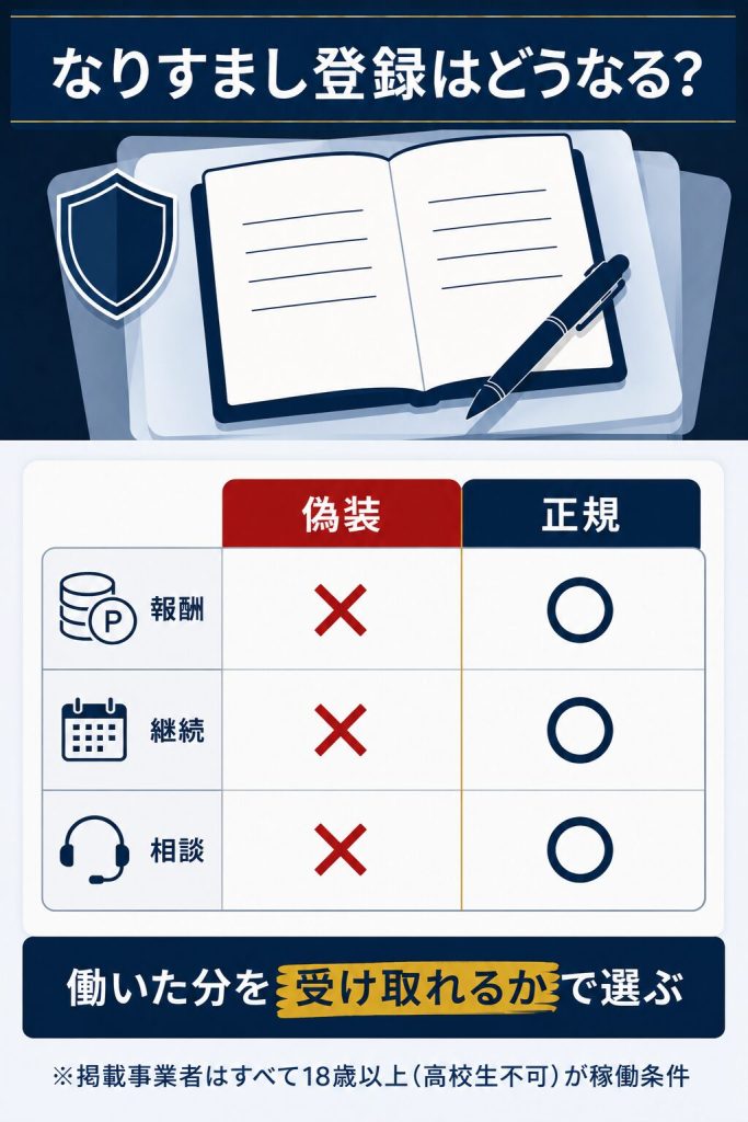 なりすまし登録と正規ルートを報酬・継続・相談の3項目で比較した図解