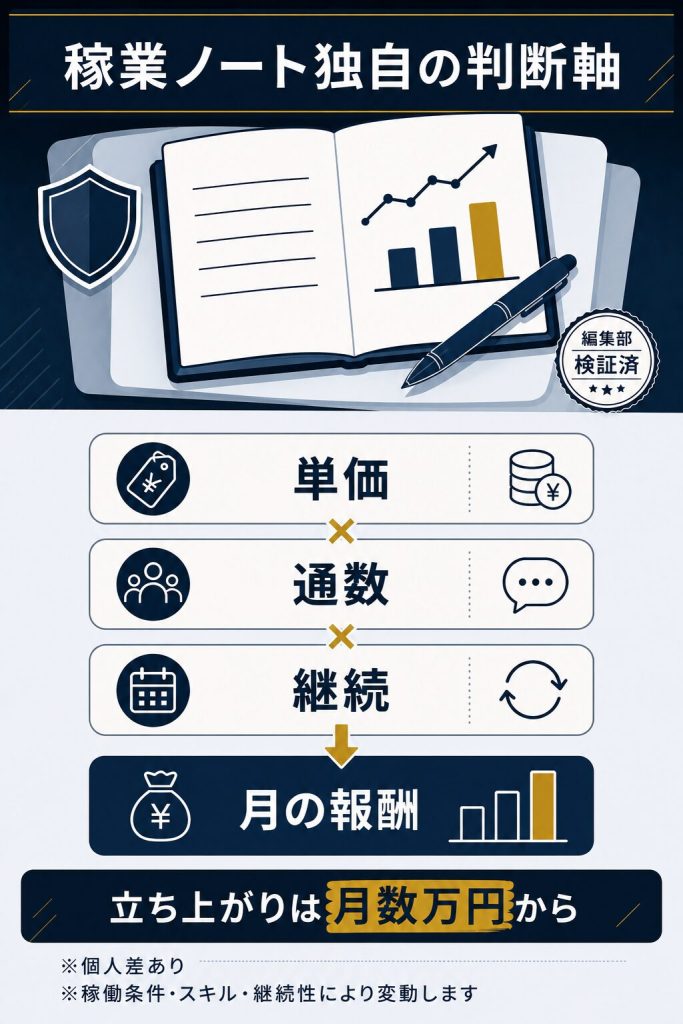 メール中心の稼働で報酬を決める単価・通数・継続の3要素を示した判断軸の図解